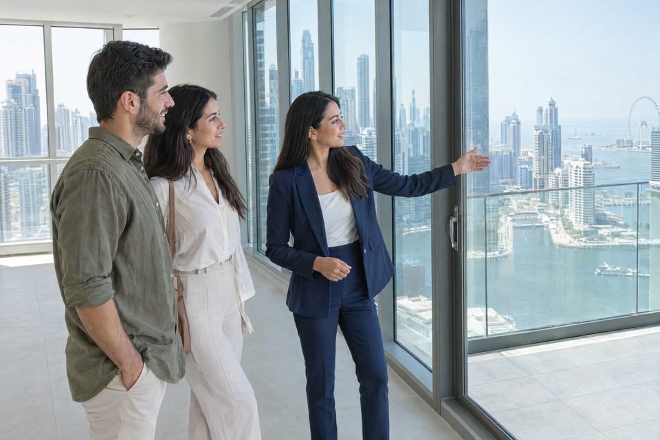 An adviser showing a couple the view from a new apartment